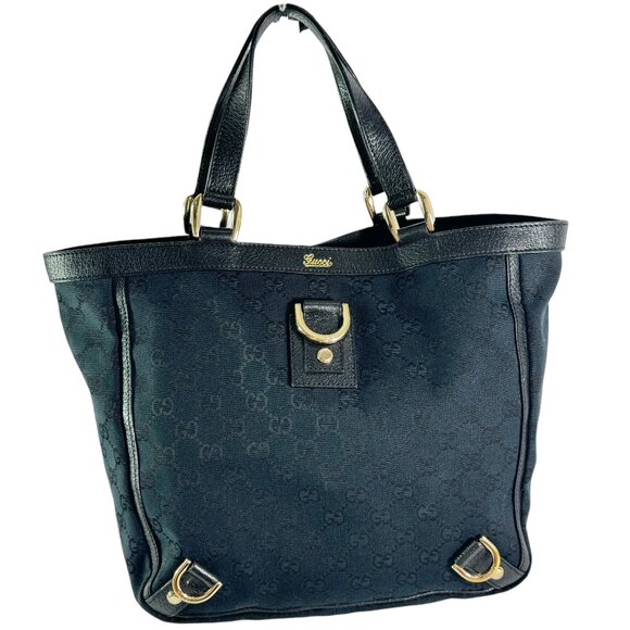 GUCCI 130739 Black Canvas Abbey GG Monogram Tote Bag Made in Italy D Ring - Picture 1 of 14